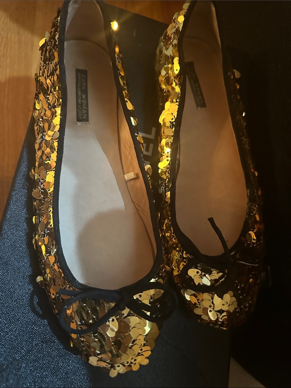 Zara Gold Sequin Ballet Flats with Bow